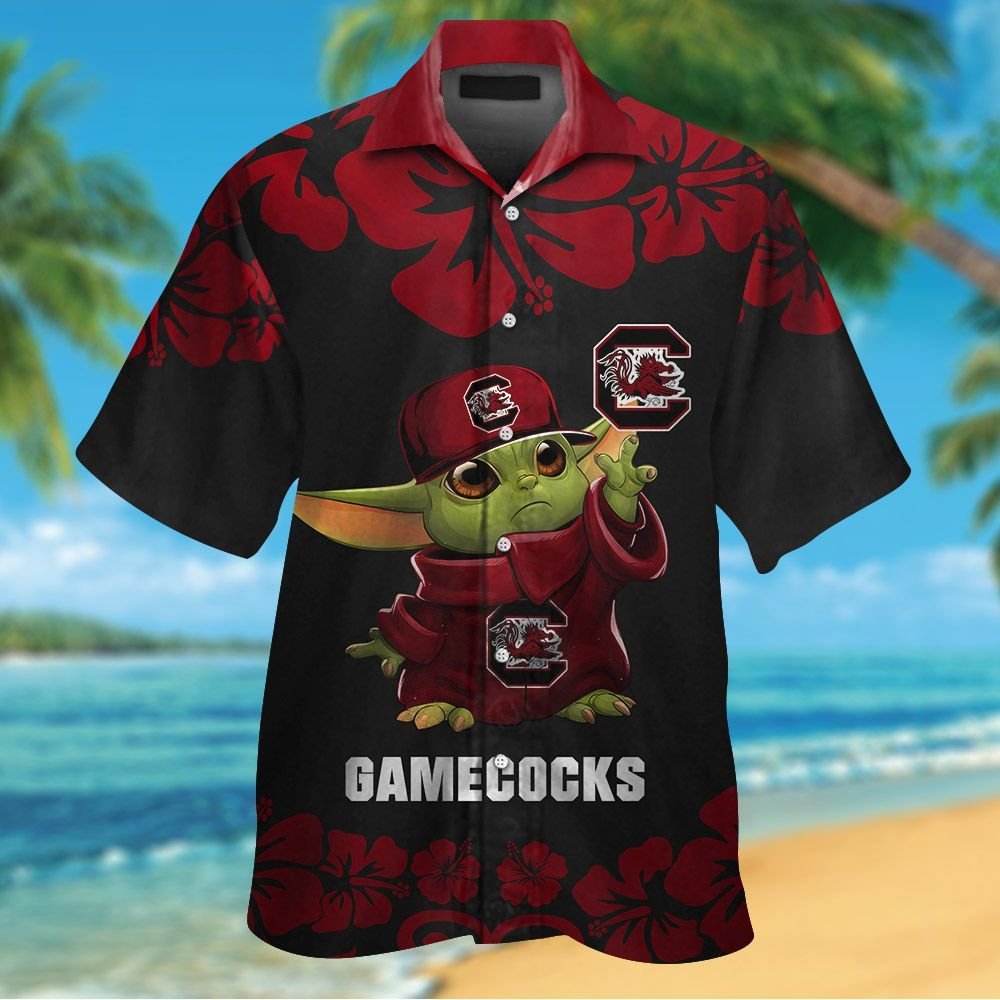 South Carolina Gamecocks Baby Yoda Short Sleeve Button Up Tropical Aloha Hawaiian Shirt Set for Men Women Kids