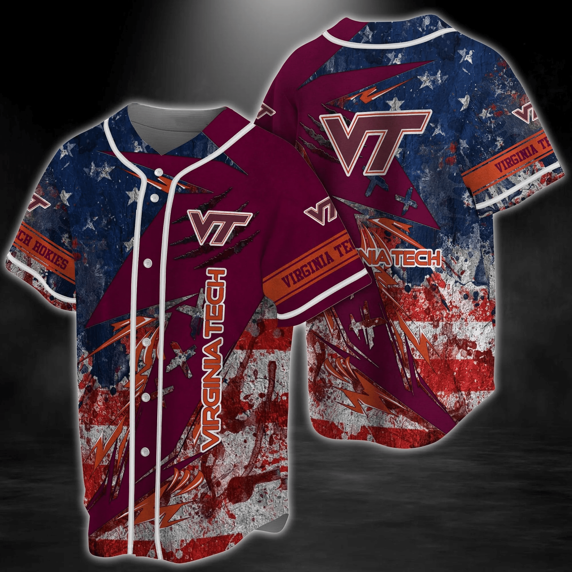 Virginia Tech Hokies NCAA Baseball Jersey Shirt with US Flag Design FVJ