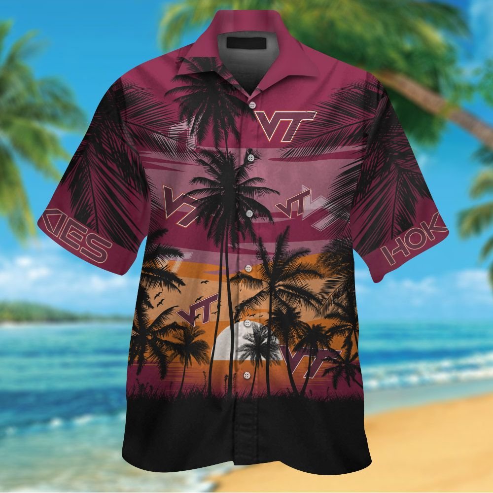 Virginia Tech Hokies Short Sleeve Button Up Tropical Aloha Hawaiian Shirt Set For Men Women Kids MTE02