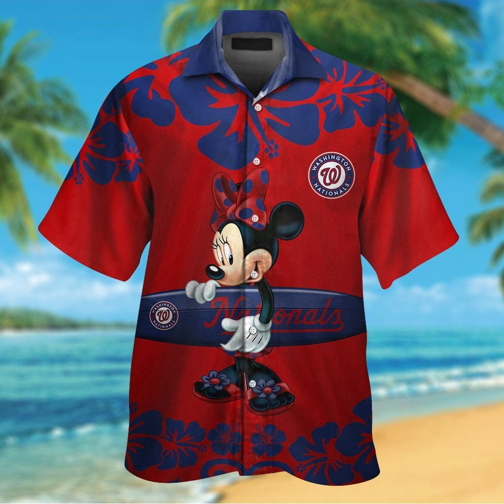 Washington Nationals Minnie Mouse Short Sleeve Button Up Tropical Aloha Hawaiian Shirt Set for Men Women Kids