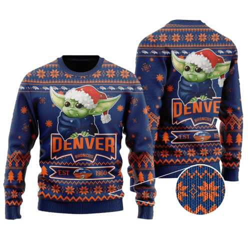 Denver Broncos Cute Baby Yoda Grogu Holiday Party Full-print Sweater FVJ
