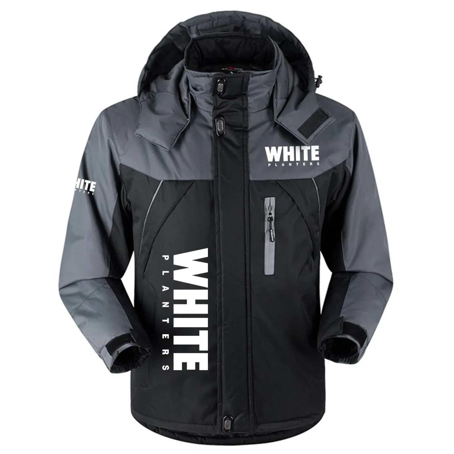 White Planters Exclusive Logo Outdoor Charging Suit Plush Thickened Coat Waterproof Windproof Fleece Fur-Lined Jacket with Detachable Hood FVJTHCJ1124WPZ