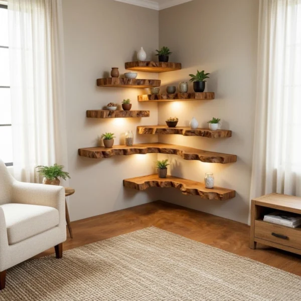 Handcrafted Live Edge Corner Floating Shelf in Solid Wood