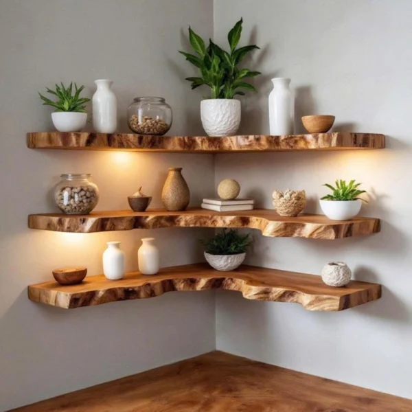 Handcrafted Live Edge Corner Floating Shelf in Solid Wood