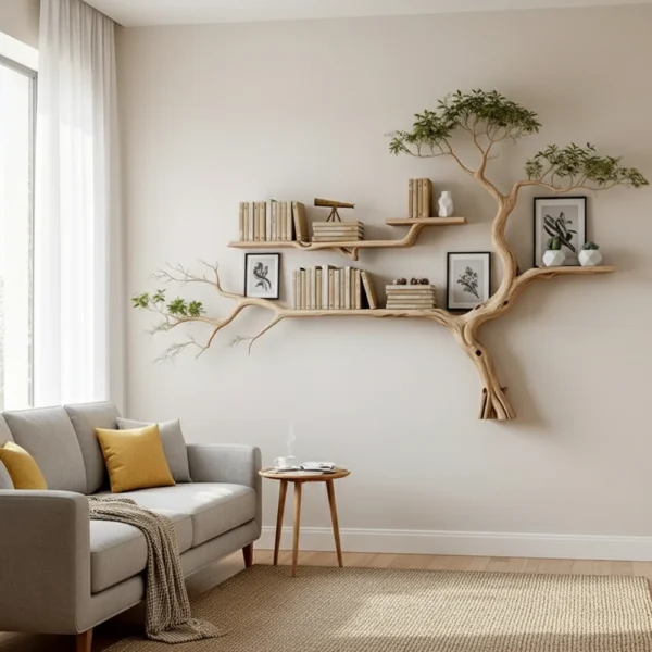 Handmade Tree-Shaped Bookshelf - Natural Wood Wall Shelf For Creative Home Decor