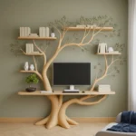 Handmade Tree-Shaped Desk - Solid Wood Workspace with Floating Shelves