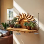 Sun Design Wooden Wall Shelf - Hand-Carved Sun Art