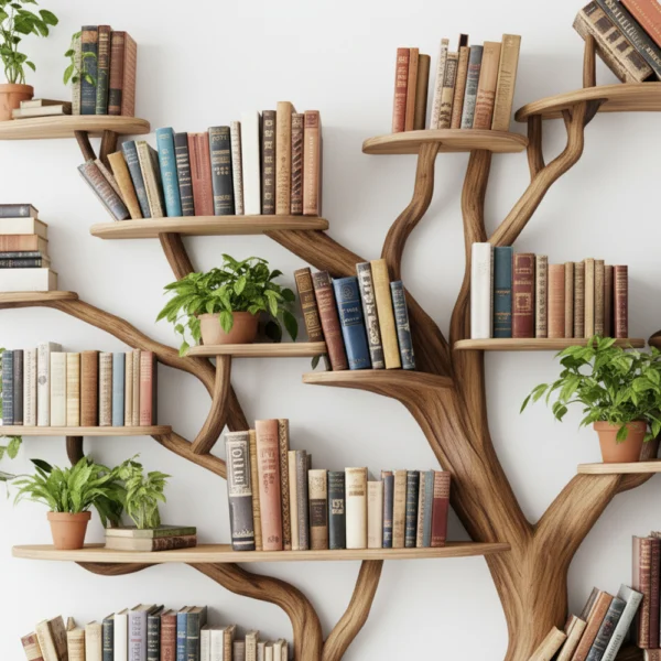 Tree Shaped Bookshelf Handmade from Natural Wood Unique Furniture for Home and Office Decor