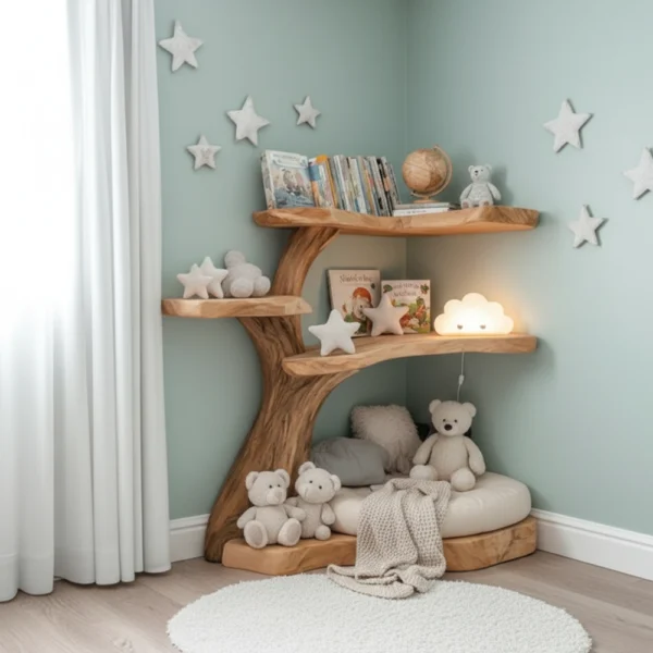 Tree Shaped Bookshelf Natural Wood - Handmade Wooden Wall Shelf with Artistic Branch Design