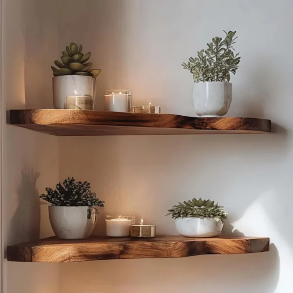 Live-Edge Corner Floating Shelves – Handcrafted Solid Monkey Pod